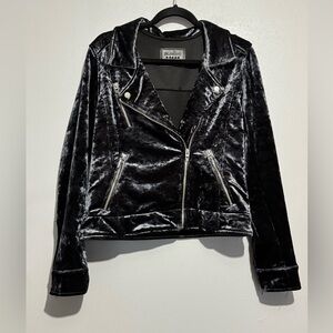 Blank NYC Women Crushed Velvet Moto Jacket Charcoal Zip Up Biker Style Size L